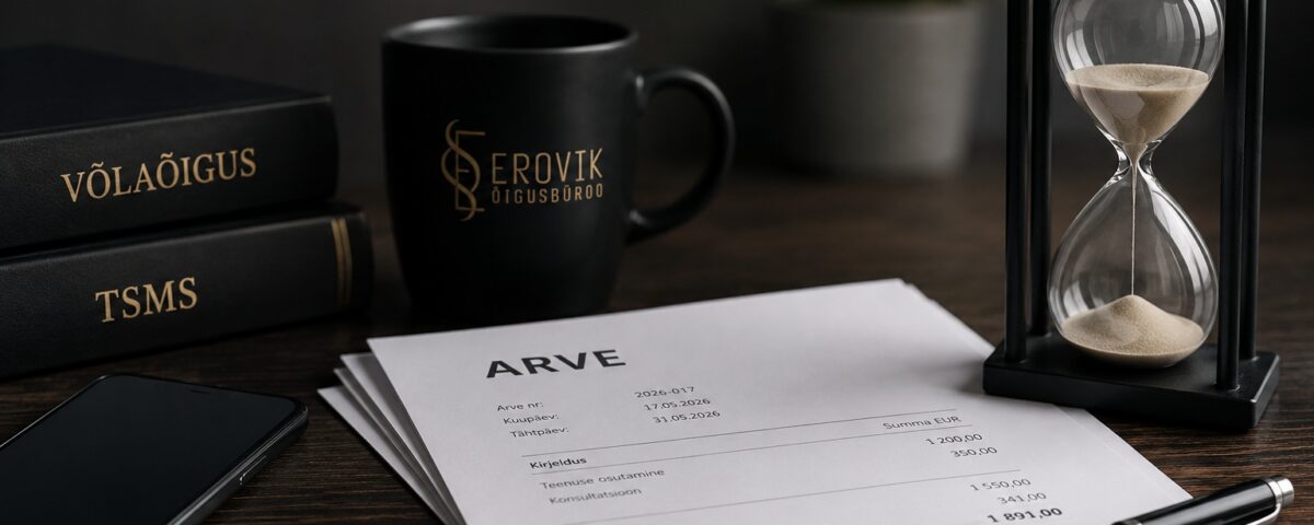 Professionaalne tunnuspilt Erovik Õigusbüroo blogipostitusele võlanõuete ja tasumata arvete teemal. Tumedas kontorikeskkonnas on kujutatud arve dokumente, liivakella, pastapliiatsit, telefoni ning õigusraamatuid pealkirjadega „Võlaõigus” ja „TSMS”. Laual on Erovik Õigusbüroo logoga kruus, mis loob usaldusväärse ja praktilise õigusbüroo atmosfääri. Pilt sümboliseerib aega, dokumente ja professionaalset tegutsemist võlanõuete lahendamisel.
