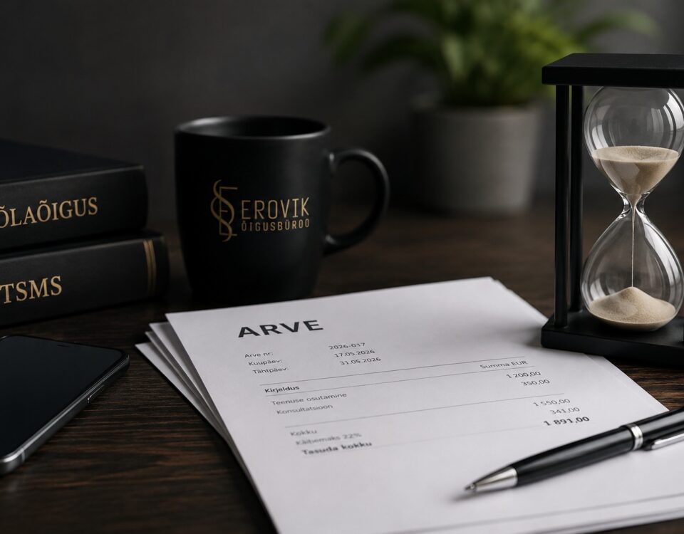Professionaalne tunnuspilt Erovik Õigusbüroo blogipostitusele võlanõuete ja tasumata arvete teemal. Tumedas kontorikeskkonnas on kujutatud arve dokumente, liivakella, pastapliiatsit, telefoni ning õigusraamatuid pealkirjadega „Võlaõigus” ja „TSMS”. Laual on Erovik Õigusbüroo logoga kruus, mis loob usaldusväärse ja praktilise õigusbüroo atmosfääri. Pilt sümboliseerib aega, dokumente ja professionaalset tegutsemist võlanõuete lahendamisel.