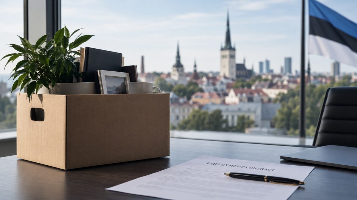 Employment termination in Estonia – cardboard box with personal belongings and an employment contract in a Tallinn office.