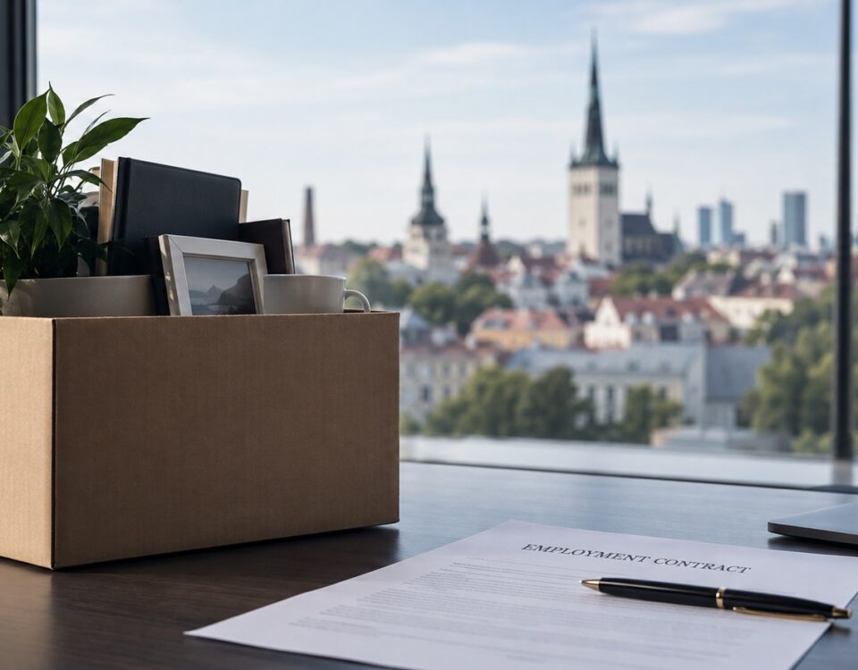 Employment termination in Estonia – cardboard box with personal belongings and an employment contract in a Tallinn office.